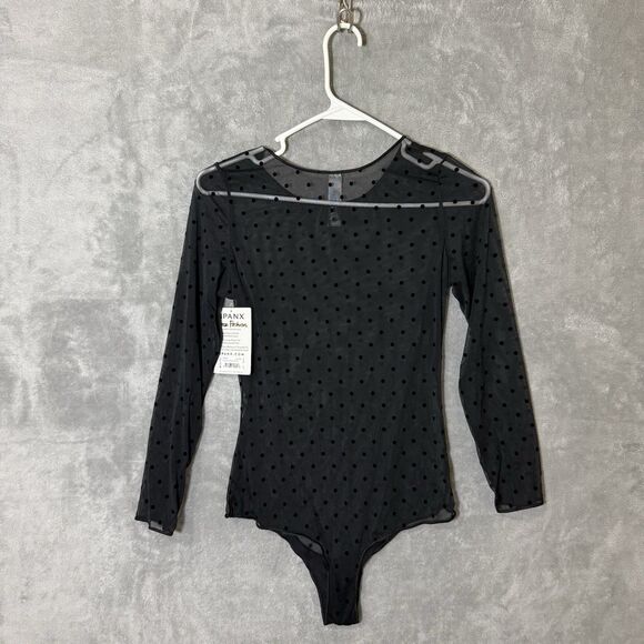 NWT Spanx Bodysuit XL Smoothing Mesh Flocked Polka Dot Layered Smooth Black - Picture 3 of 10